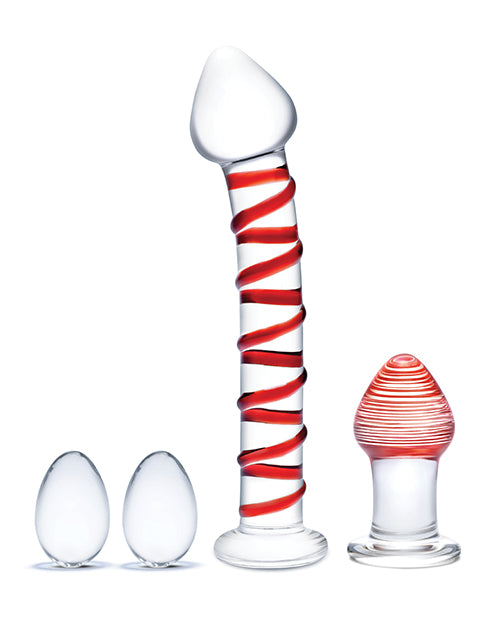 Glas 4 Pc Mr. Swirly Set W/glass Kegal Balls & 3.25" Butt Plug - Red